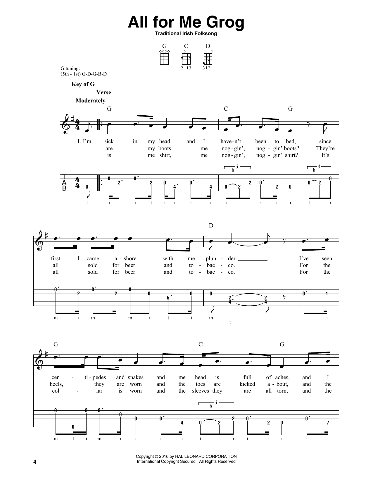 Traditional Irish Folksong All For Me Grog sheet music notes and chords arranged for Banjo Tab