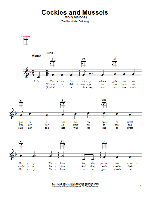 Traditional Irish Folksong Cockles And Mussels (Molly Malone) sheet music notes and chords arranged for Lead Sheet / Fake Book