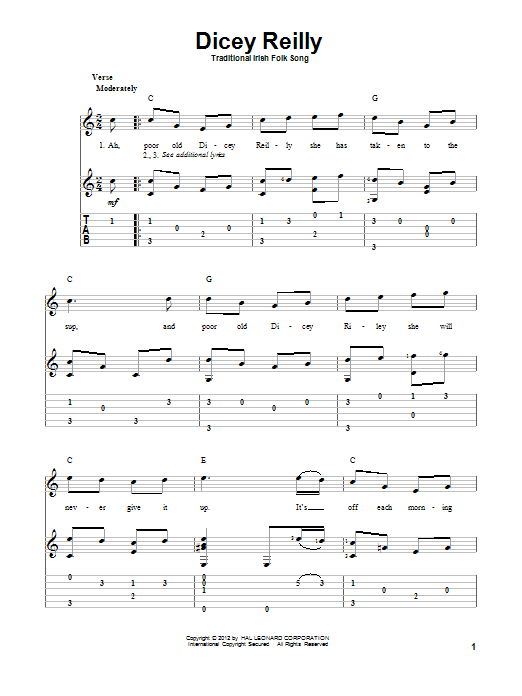Traditional Irish Folksong Dicey Reilly sheet music notes and chords arranged for Solo Guitar