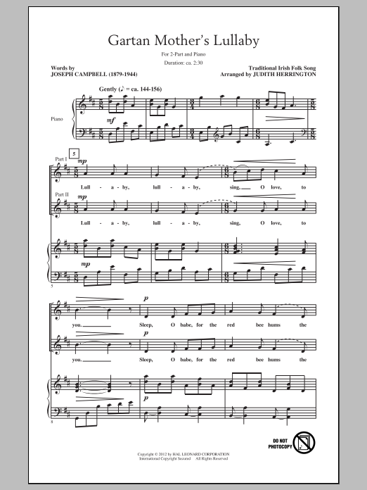 Traditional Irish Folksong Gartan Mother's Lullaby (arr. Judith Herrington) sheet music notes and chords arranged for 2-Part Choir