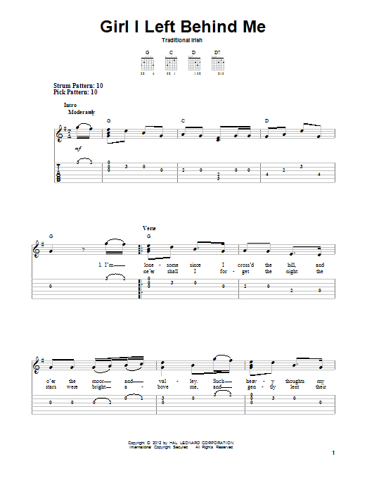 Traditional Irish Girl I Left Behind Me sheet music notes and chords arranged for Easy Guitar Tab
