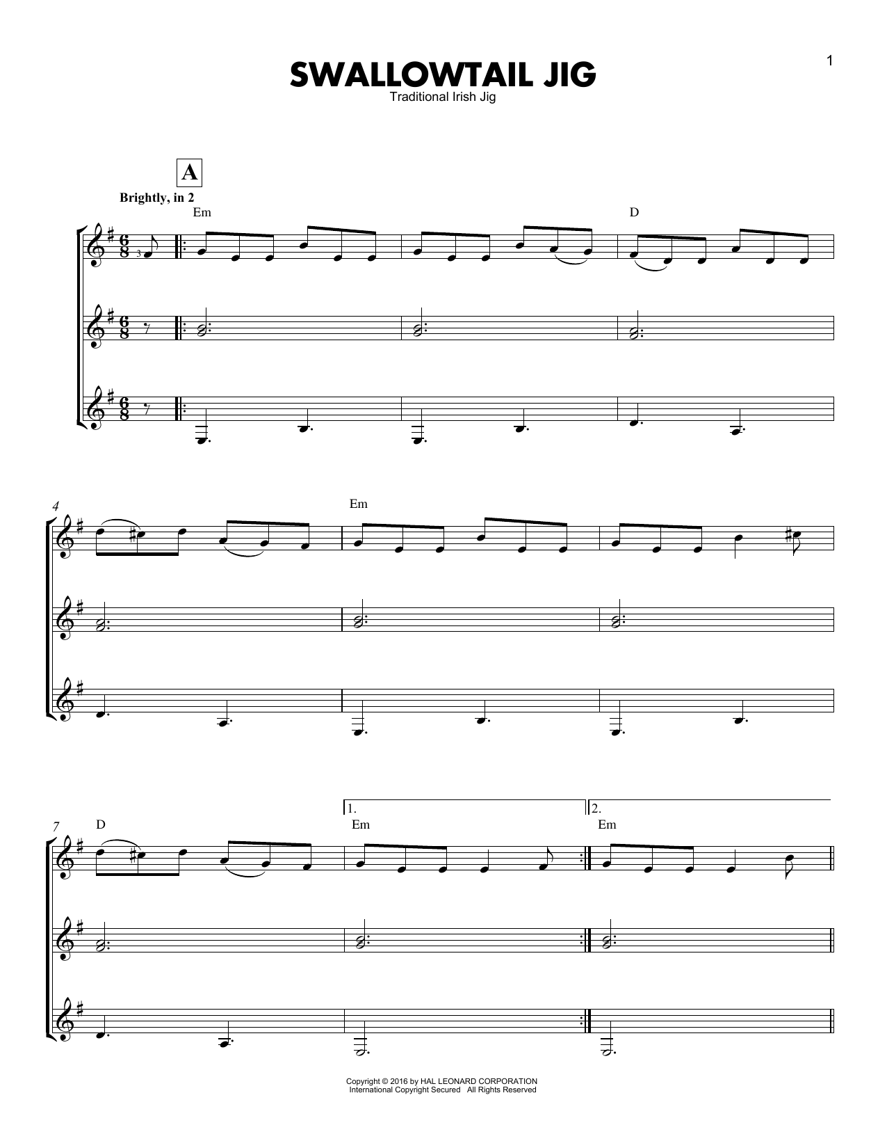 Traditional Irish Jig Swallowtail Jig sheet music notes and chords arranged for Guitar Ensemble