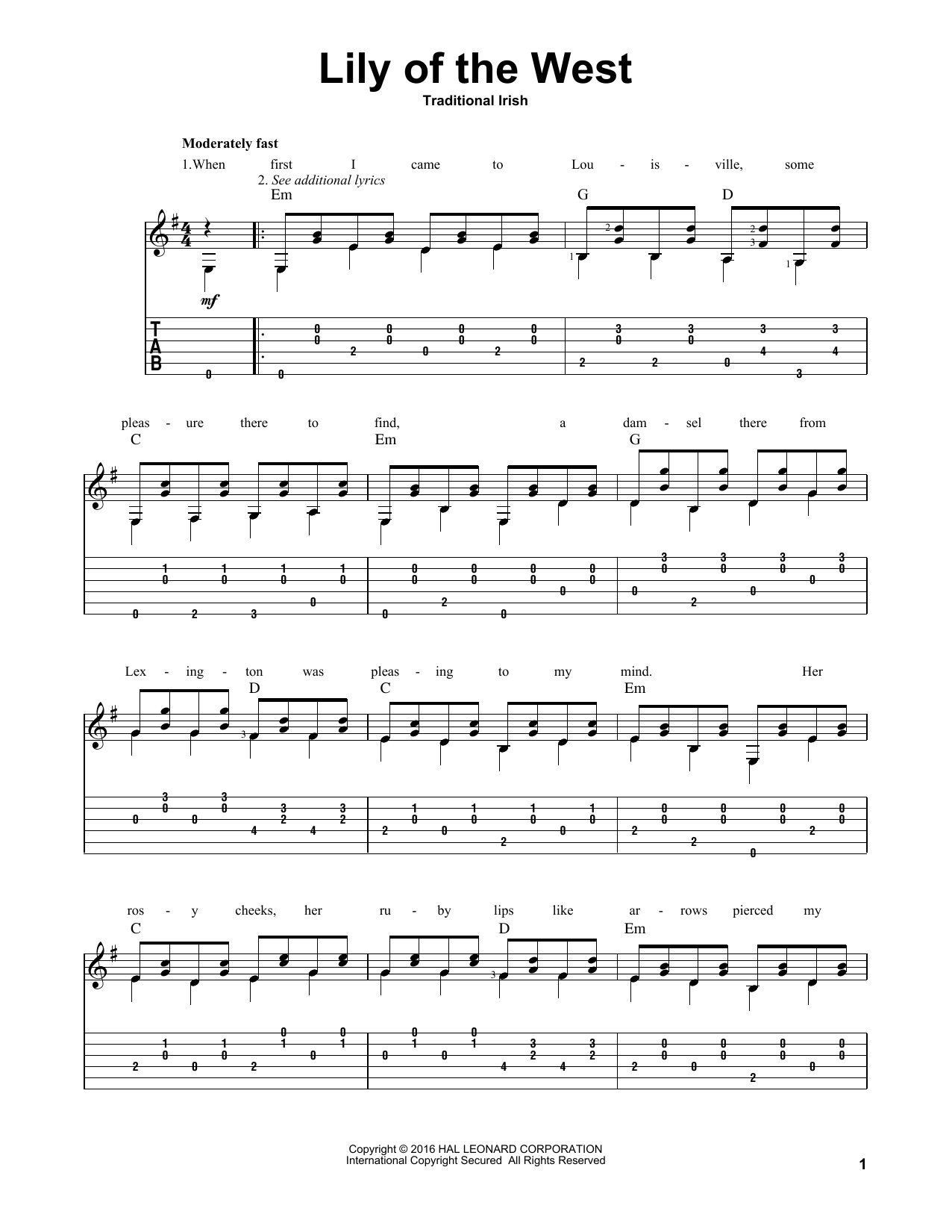 Traditional Irish Lily Of The West sheet music notes and chords arranged for Solo Guitar