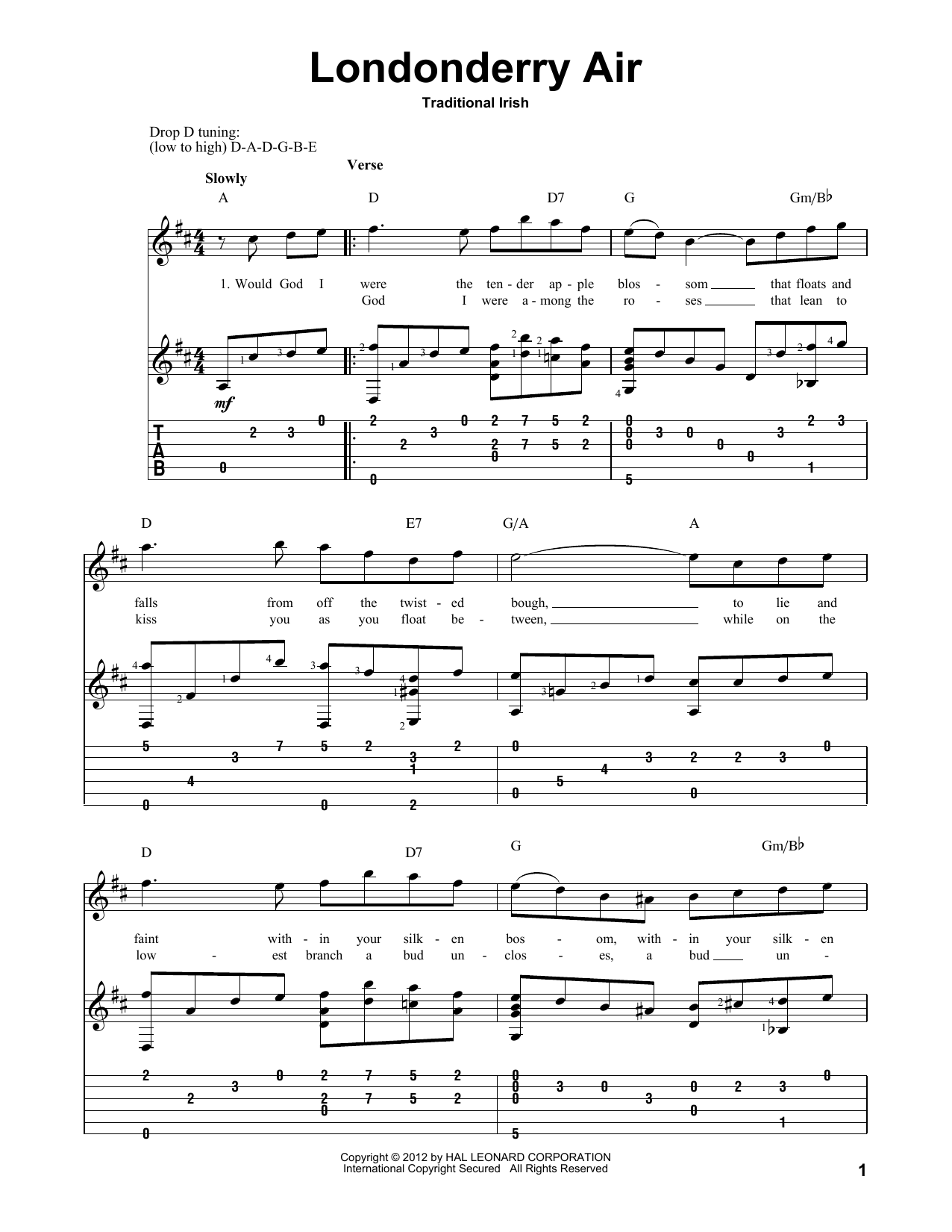 Traditional Irish Londonderry Air sheet music notes and chords arranged for Solo Guitar