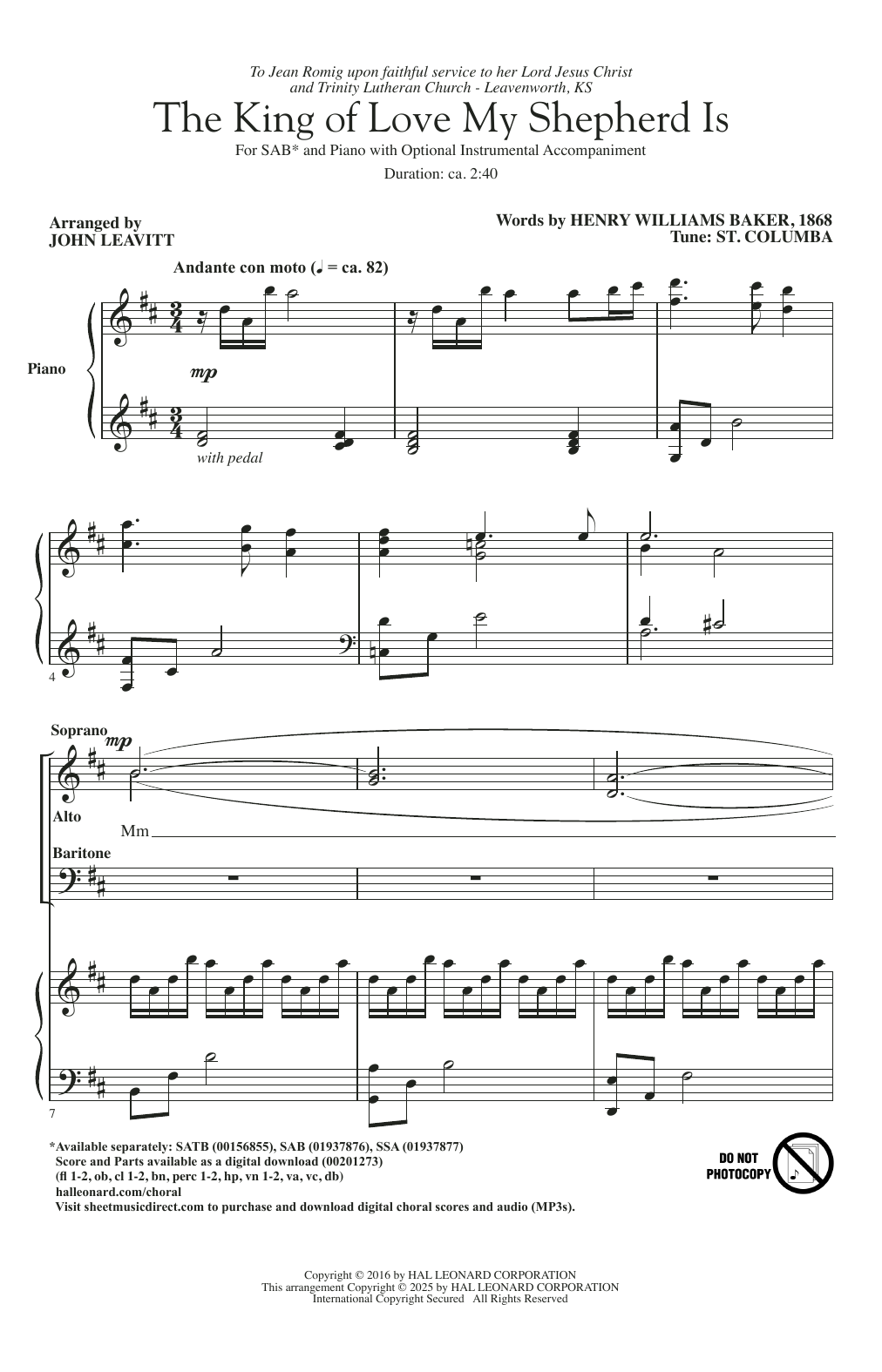 Traditional Irish Melody The King Of Love My Shepherd Is (arr. John Leavitt) sheet music notes and chords arranged for SSA Choir