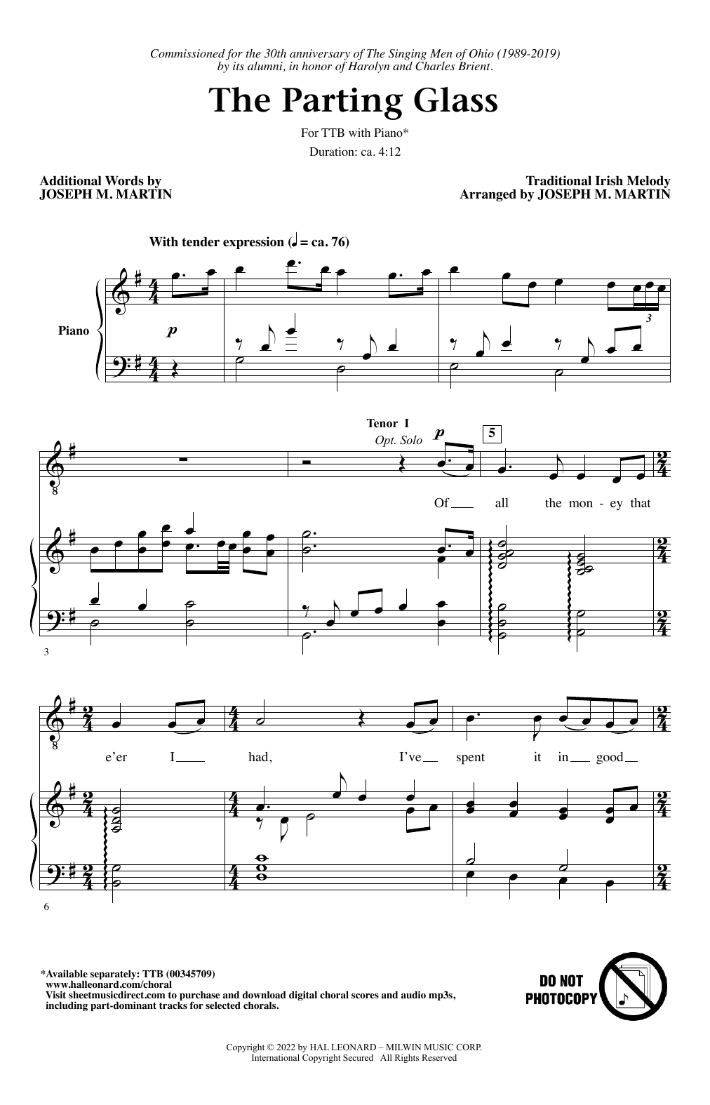 Traditional Irish Melody The Parting Glass (arr. Joseph M. Martin) sheet music notes and chords arranged for TTBB Choir