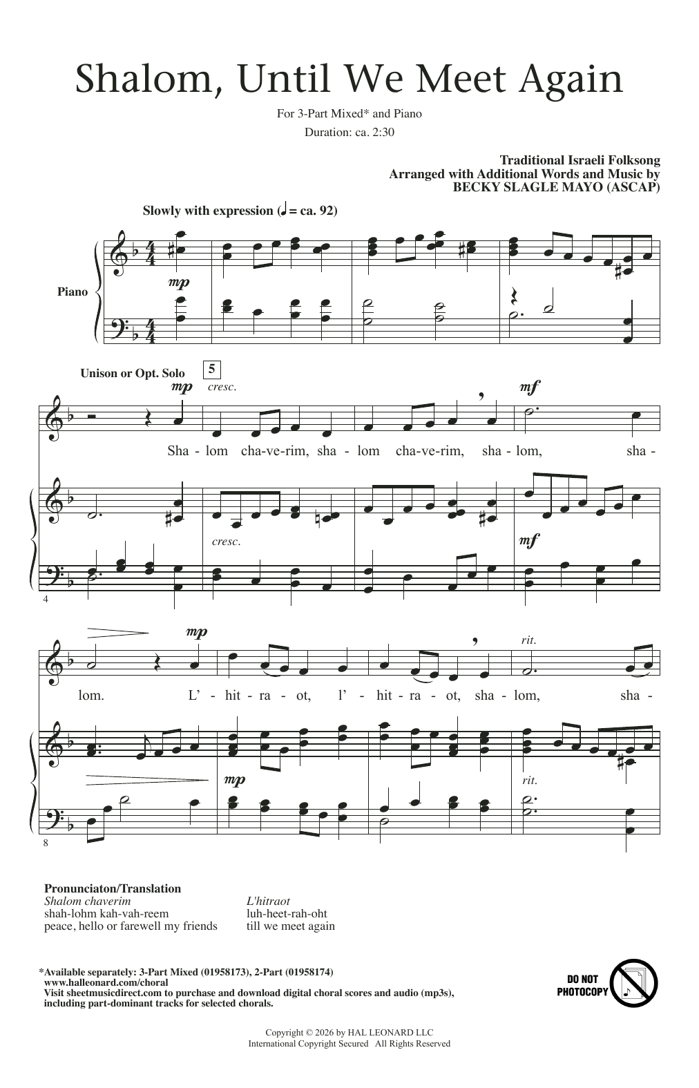 Traditional Israeli Folksong Shalom, Until We Meet Again (arr. Becki Slagle Mayo) sheet music notes and chords arranged for 3-Part Mixed Choir