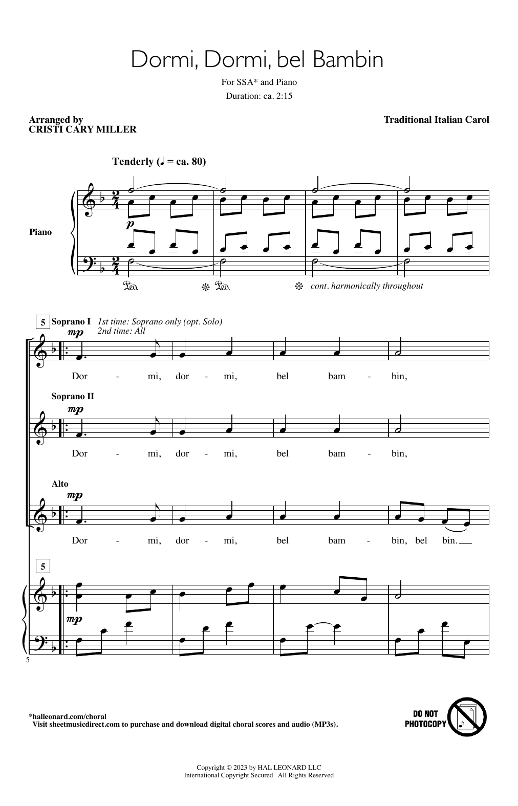 Traditional Italian Carol Dormi, Dormi Bel Bambin (arr. Cristi Cary Miller) sheet music notes and chords arranged for SSA Choir