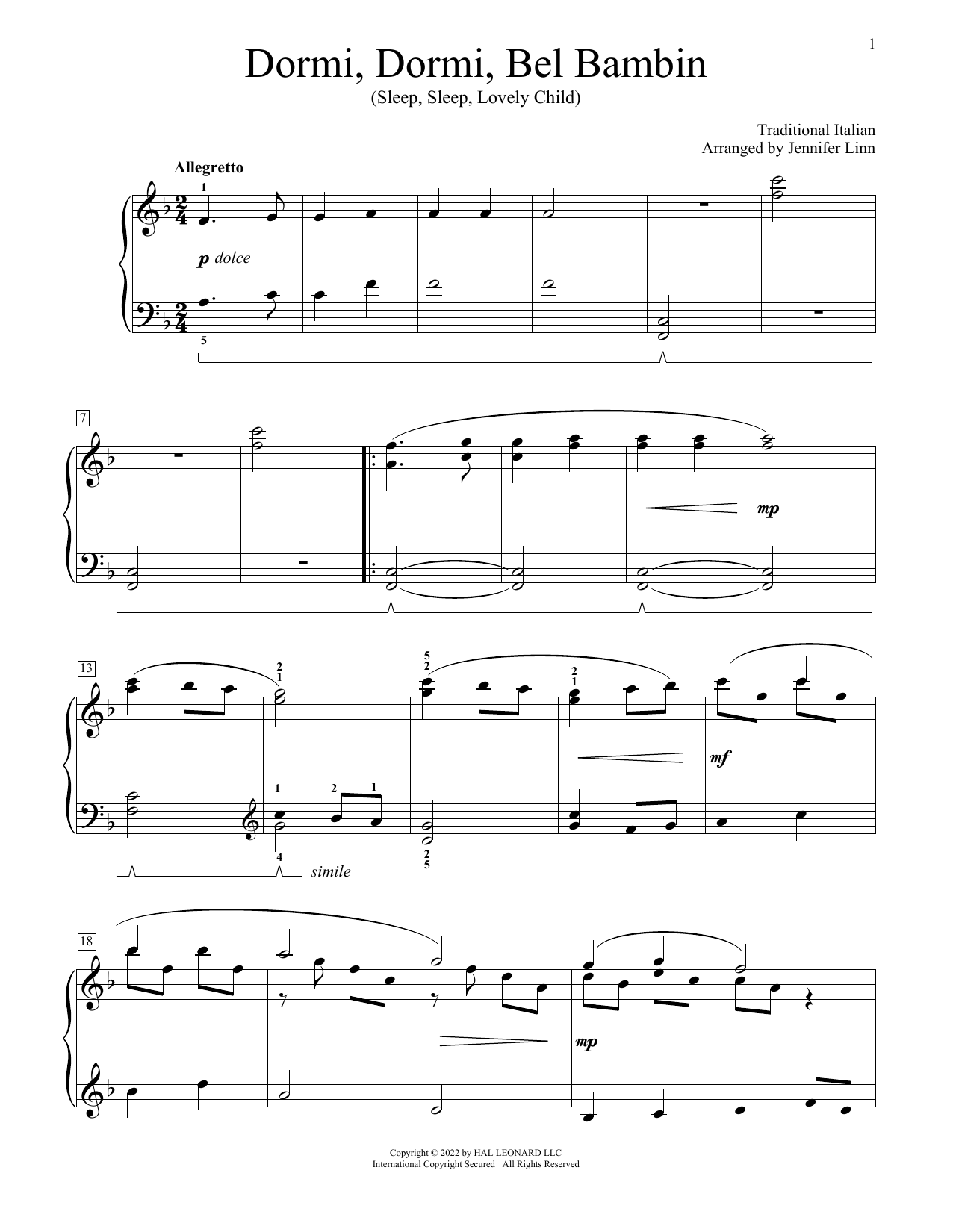 Traditional Italian Dormi, Dormi, Bel Bambino (arr. Jennifer Linn) sheet music notes and chords arranged for Educational Piano