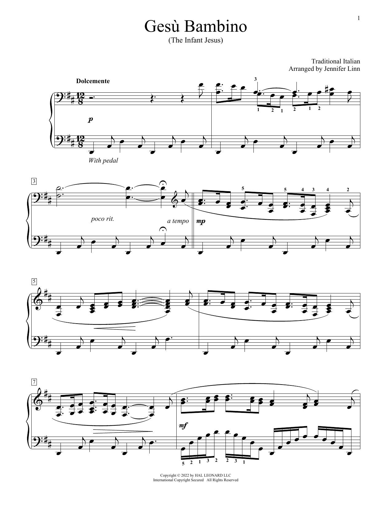 Traditional Italian Gesu Bambino (arr. Jennifer Linn) sheet music notes and chords arranged for Educational Piano