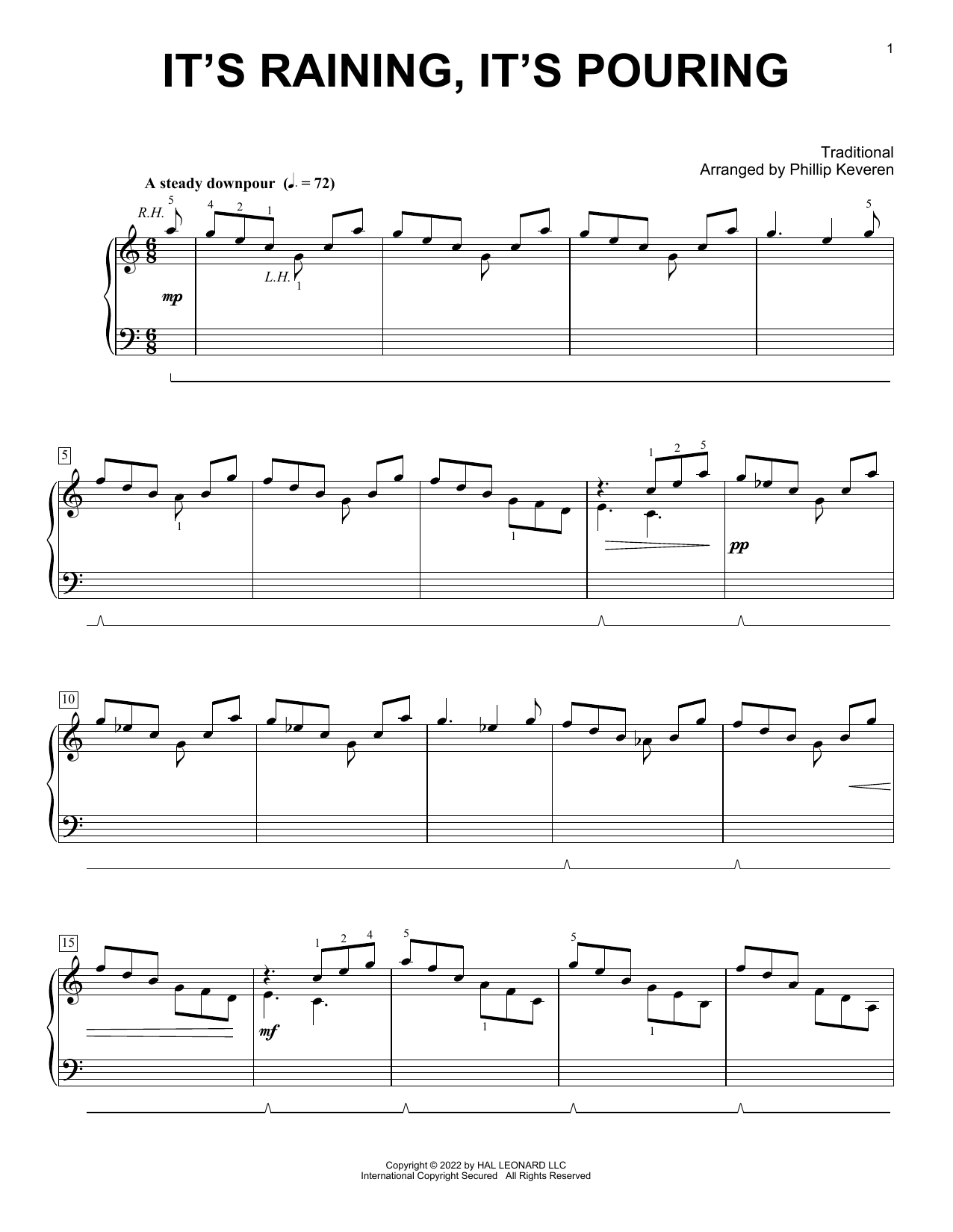 Traditional It's Raining, It's Pouring (arr. Phillip Keveren) sheet music notes and chords arranged for Piano Solo