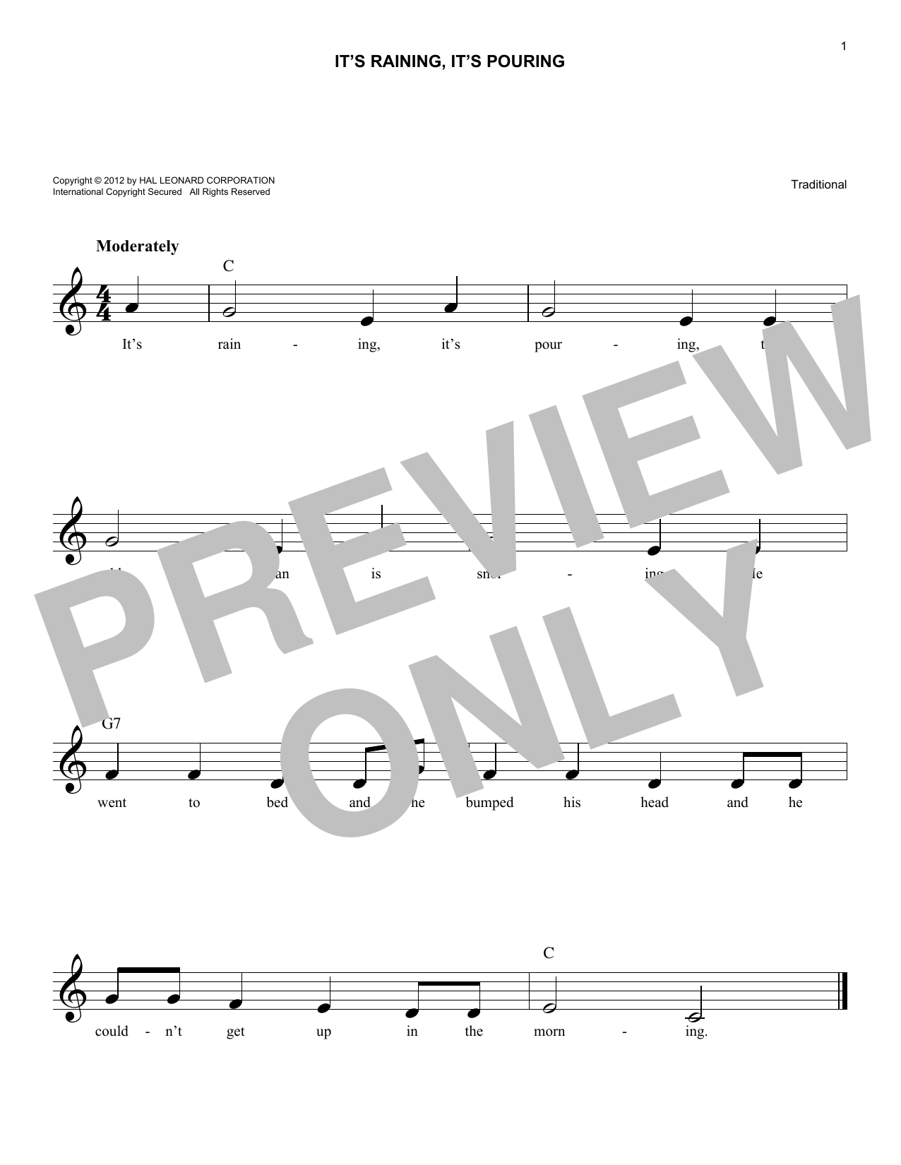 Traditional It's Raining, It's Pouring sheet music notes and chords arranged for Piano, Vocal & Guitar Chords (Right-Hand Melody)