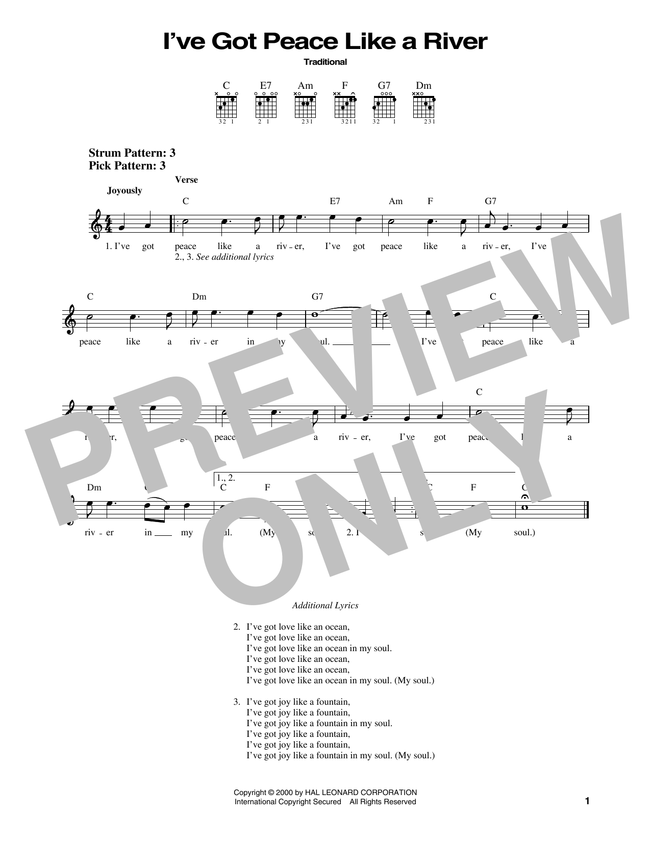 Traditional I've Got Peace Like A River sheet music notes and chords arranged for Piano Chords/Lyrics