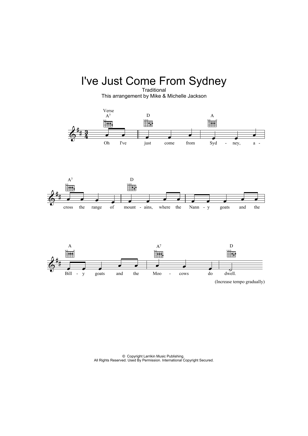 Traditional I've Just Come From Sydney sheet music notes and chords arranged for Lead Sheet / Fake Book