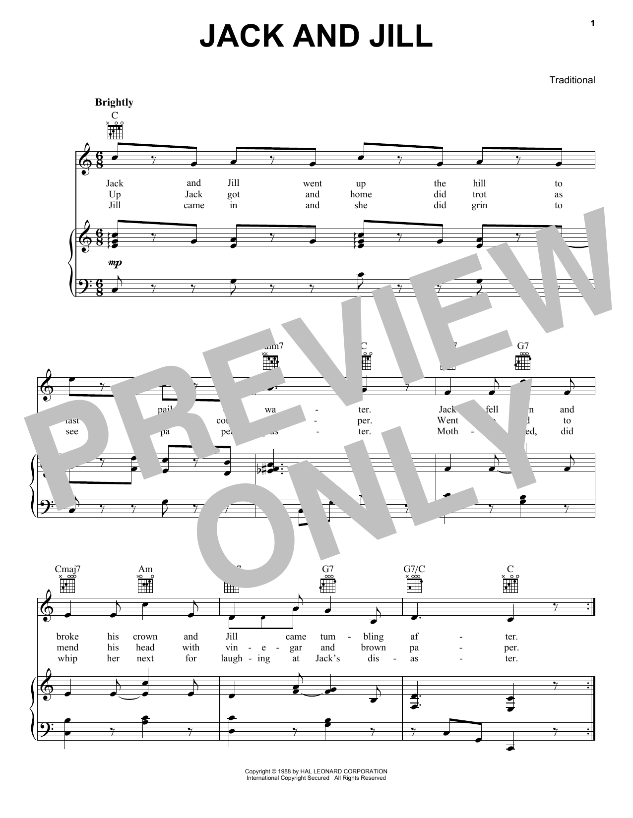Traditional Jack And Jill sheet music notes and chords arranged for Piano, Vocal & Guitar Chords (Right-Hand Melody)