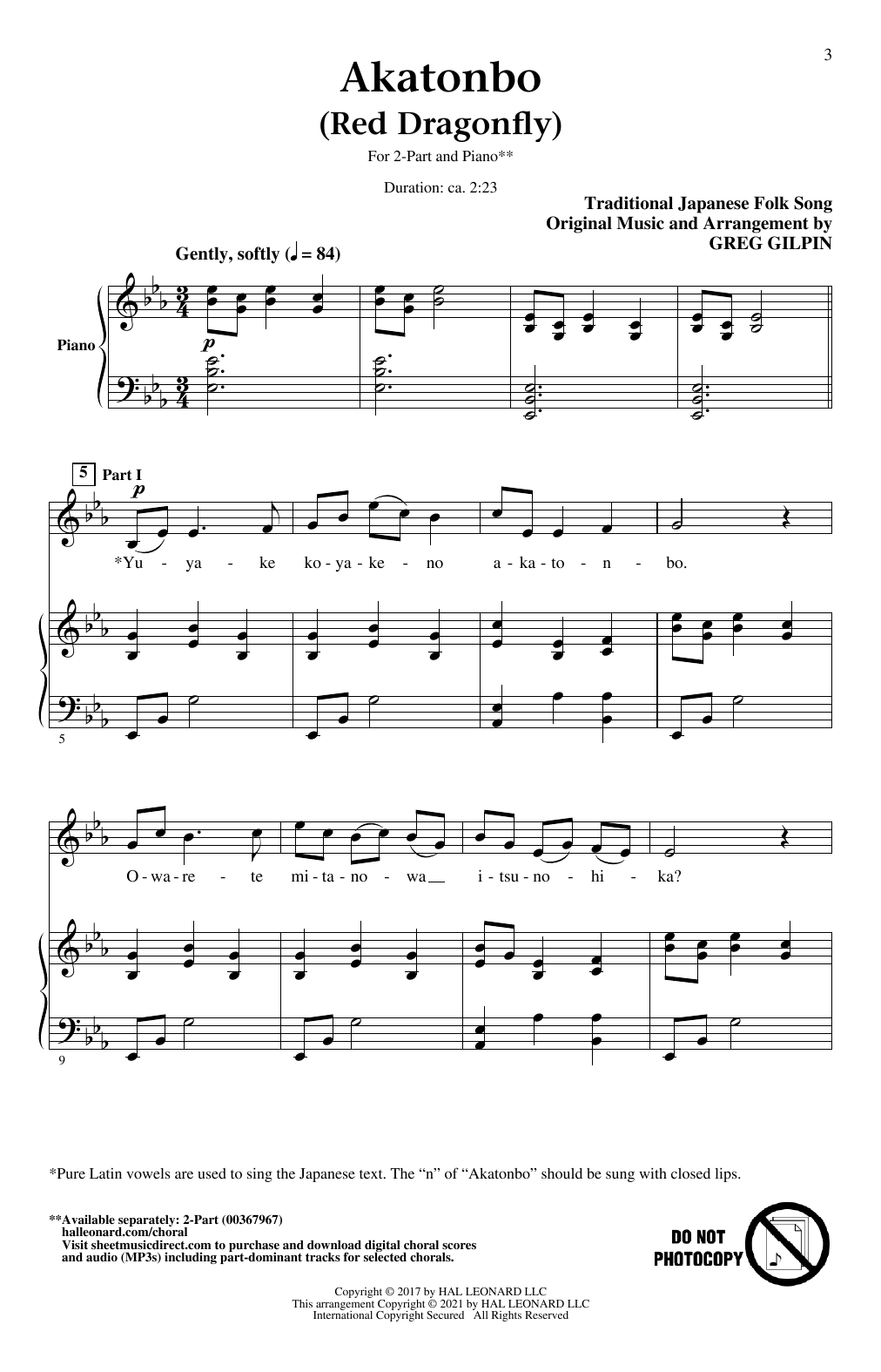 Traditional Japanese Folk Song Akatonbo (Red Dragonfly) (arr. Greg Gilpin) sheet music notes and chords arranged for 2-Part Choir