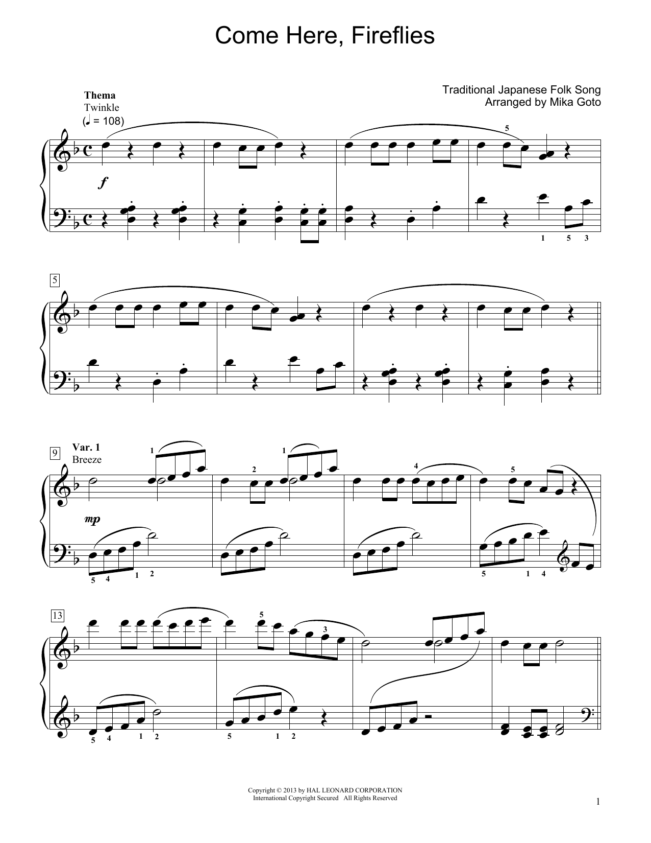 Traditional Japanese Folk Song Come Here, Fireflies (arr. Mika Goto) sheet music notes and chords arranged for Educational Piano