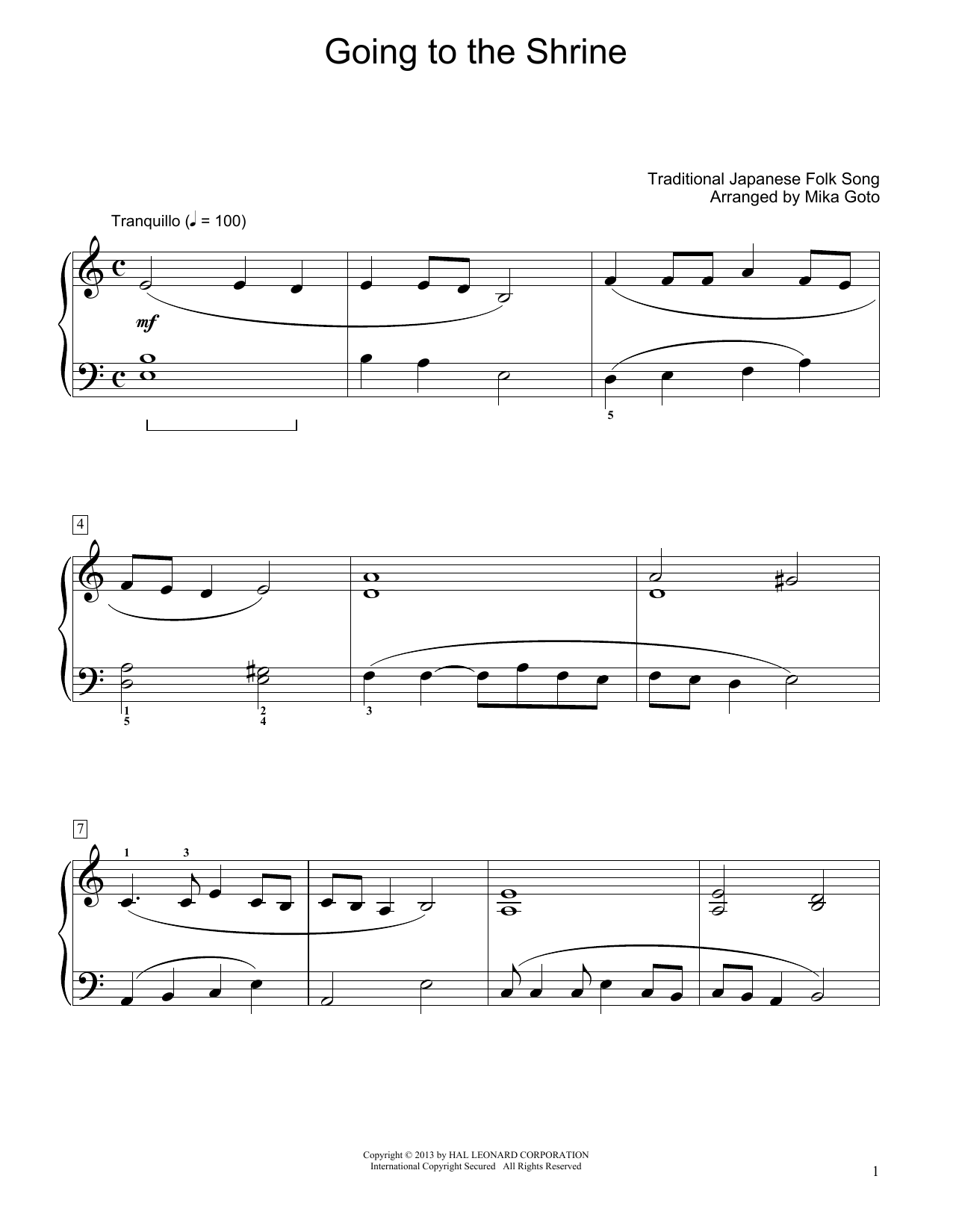 Traditional Japanese Folk Song Going To The Shrine (arr. Mika Goto) sheet music notes and chords arranged for Educational Piano