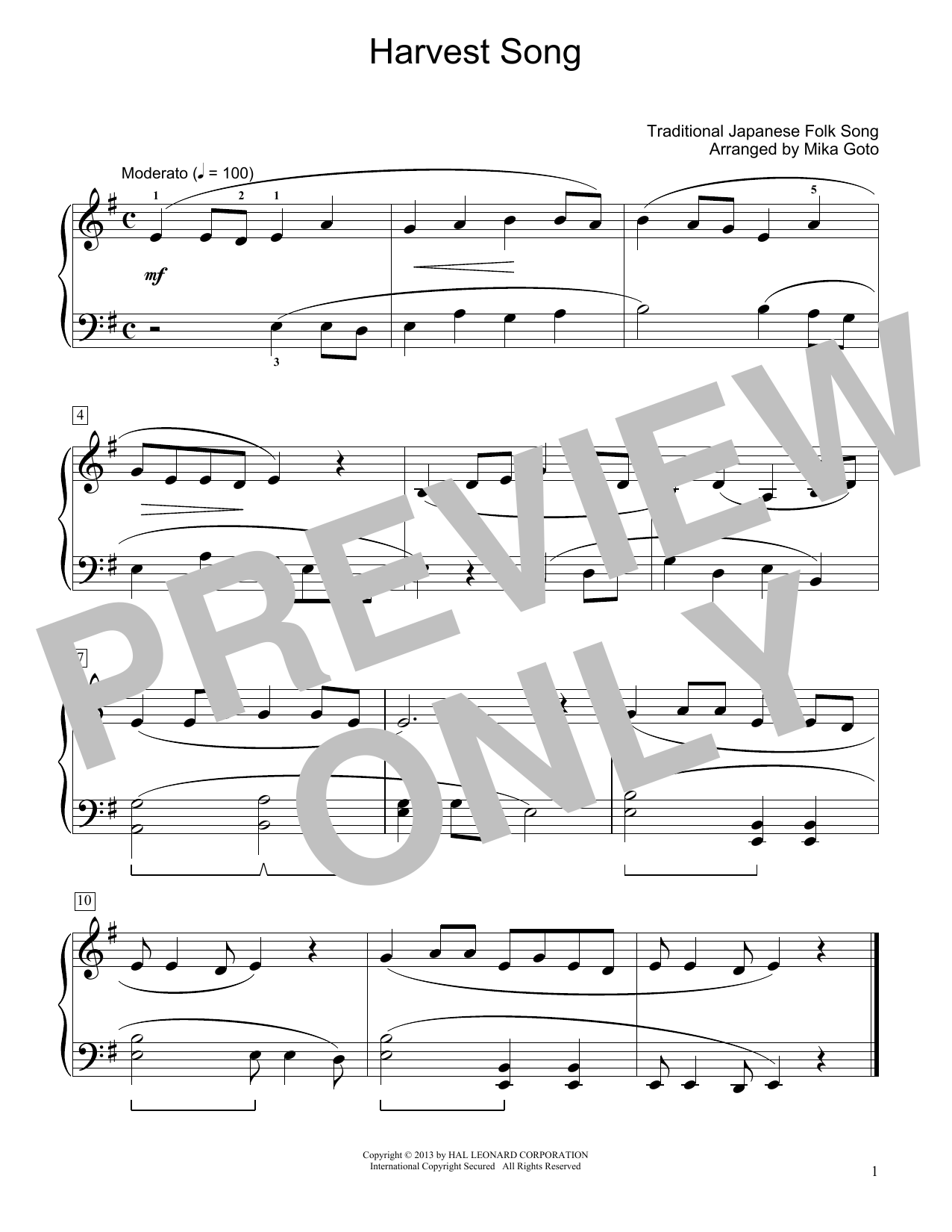 Traditional Japanese Folk Song Harvest Song (arr. Mika Goto) sheet music notes and chords arranged for Educational Piano