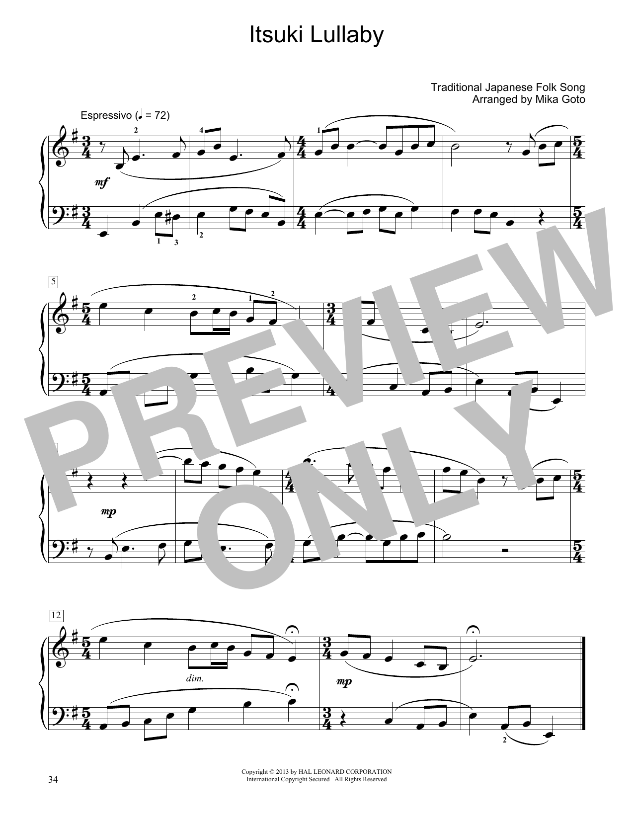 Traditional Japanese Folk Song Itsuki Lullaby (arr. Mika Goto) sheet music notes and chords arranged for Educational Piano