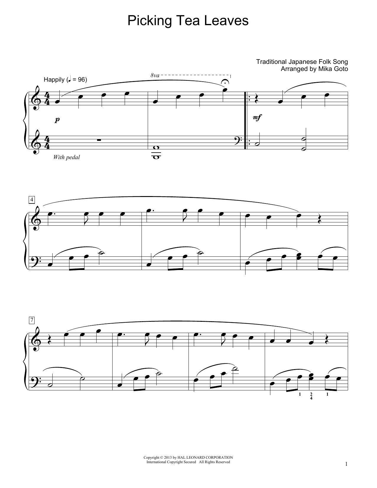 Traditional Japanese Folk Song Picking Tea Leaves (arr. Mika Goto) sheet music notes and chords arranged for Educational Piano