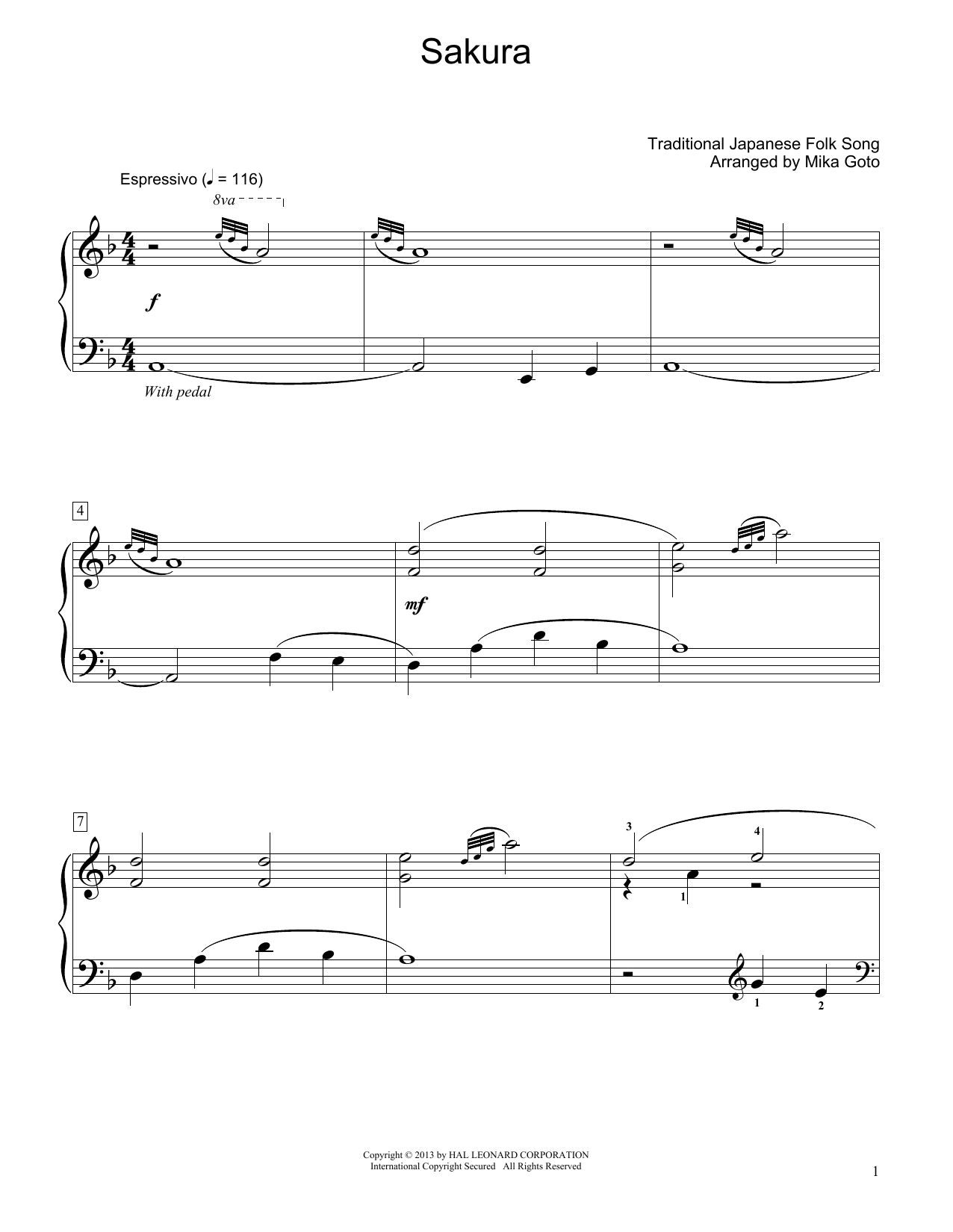 Traditional Japanese Folk Song Sakura (arr. Mika Goto) sheet music notes and chords arranged for Educational Piano