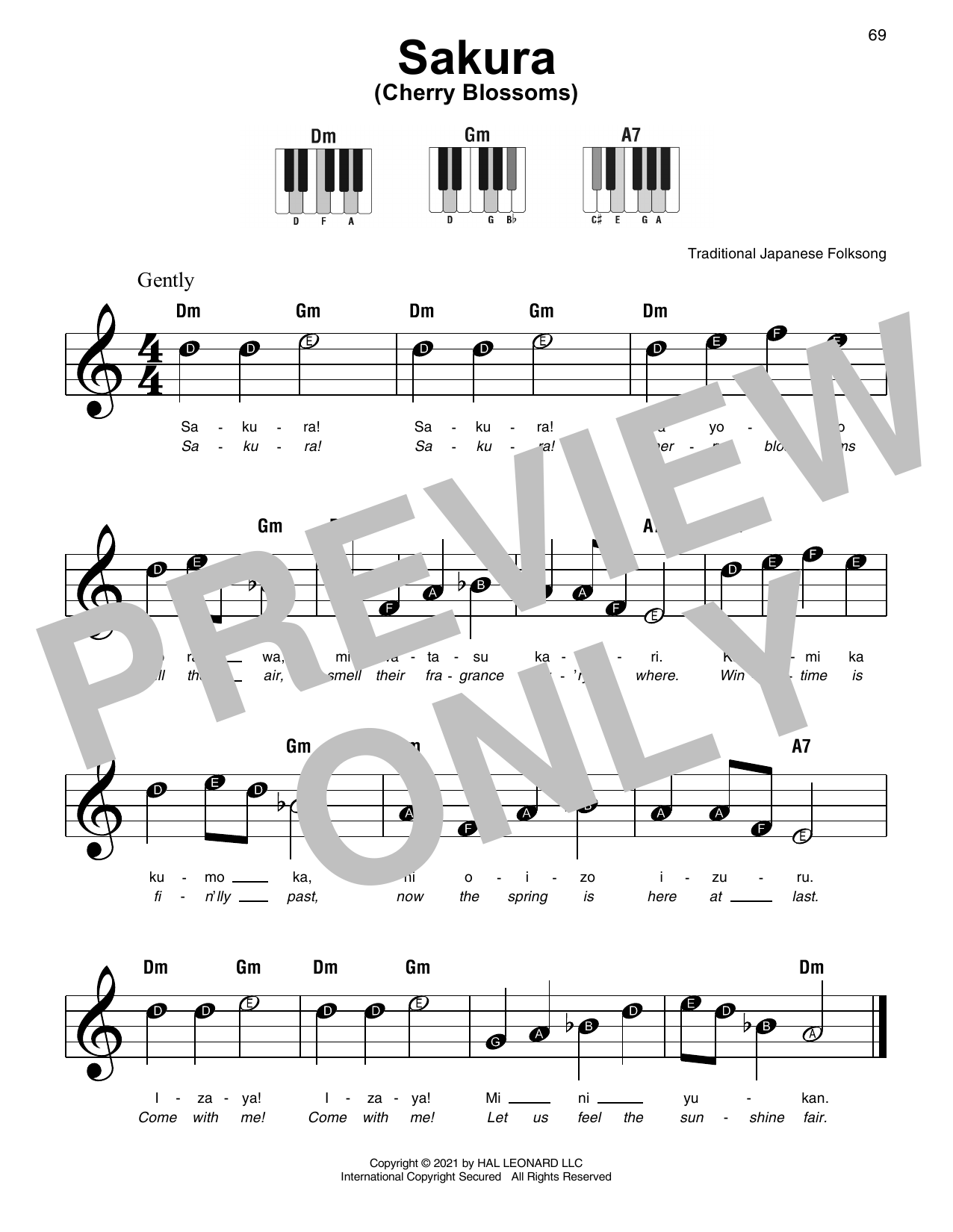 Traditional Japanese Folk Song Sakura (Cherry Blossoms) sheet music notes and chords arranged for Super Easy Piano