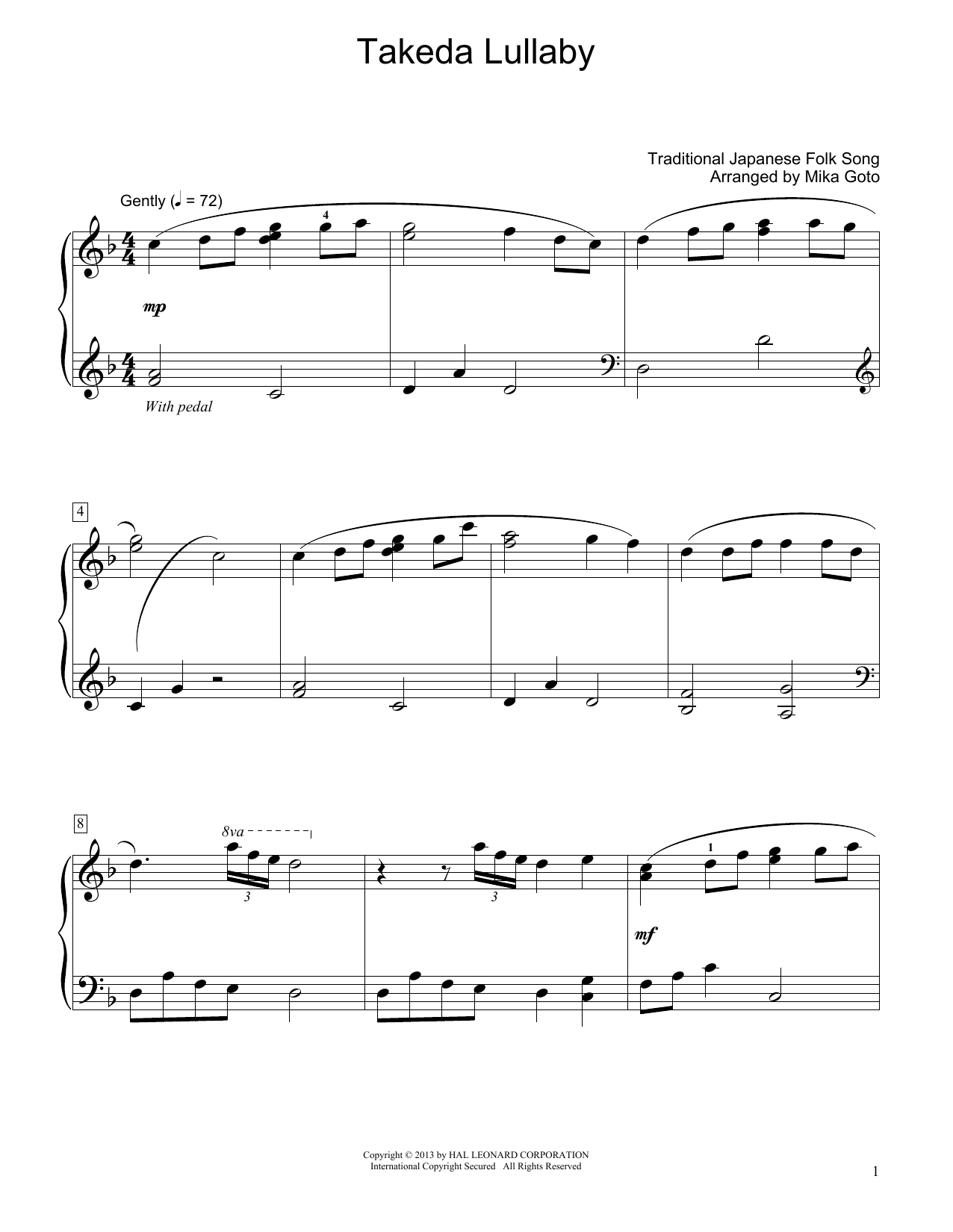 Traditional Japanese Folk Song Takeda Lullaby (arr. Mika Goto) sheet music notes and chords arranged for Educational Piano