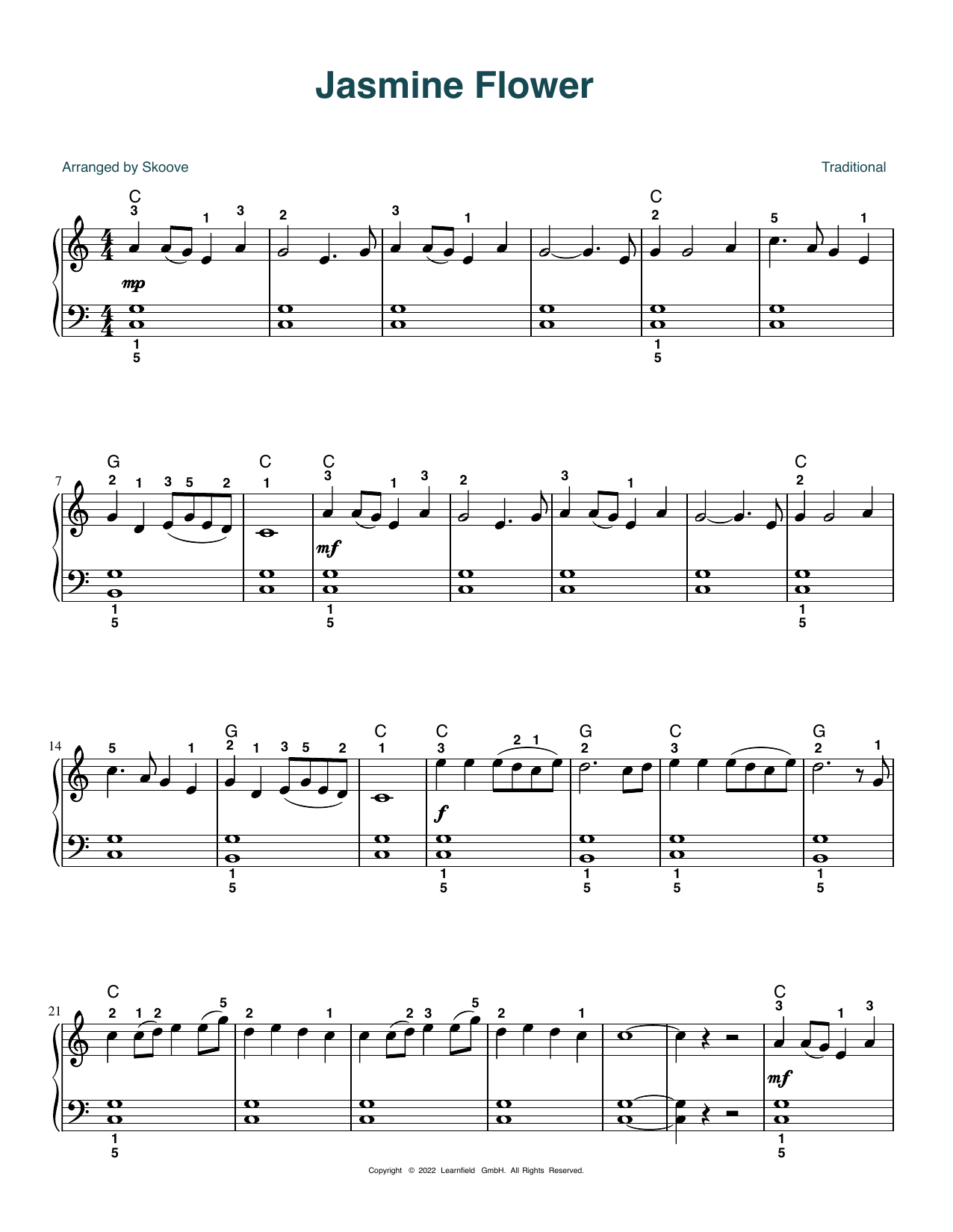 Traditional Jasmine Flower (arr. Skoove) sheet music notes and chords arranged for Beginner Piano (Abridged)