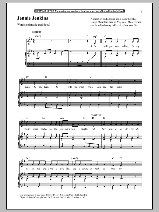 Traditional Jennie Jenkins sheet music notes and chords arranged for Piano & Vocal