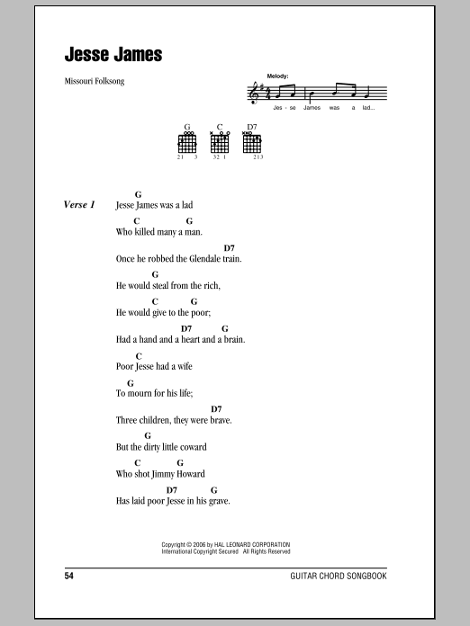 Traditional Jesse James sheet music notes and chords arranged for Solo Guitar