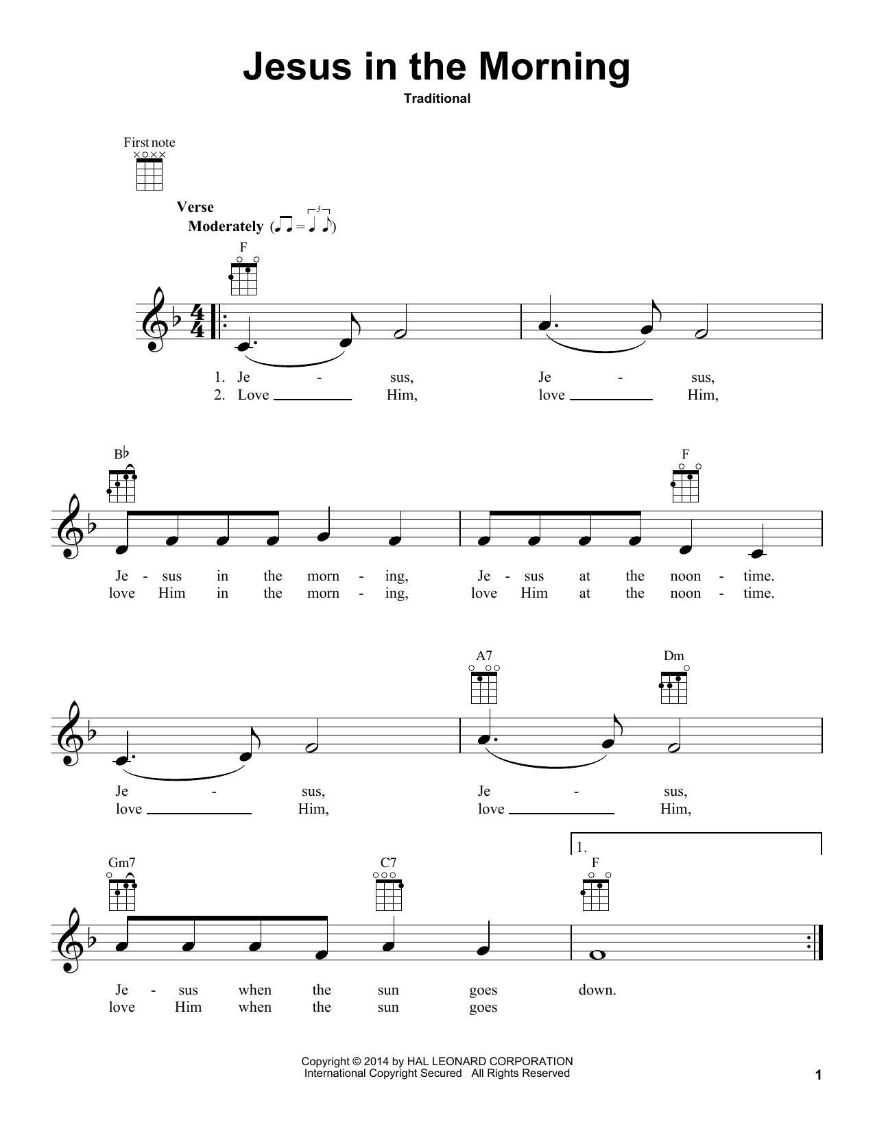Traditional Jesus In The Morning sheet music notes and chords arranged for Ukulele
