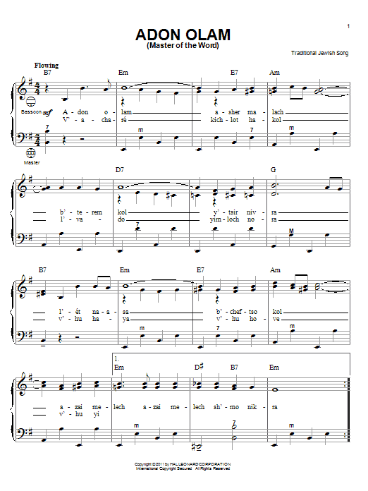 Traditional Jewish Song Adon Olam (Master Of The Word) sheet music notes and chords arranged for Accordion