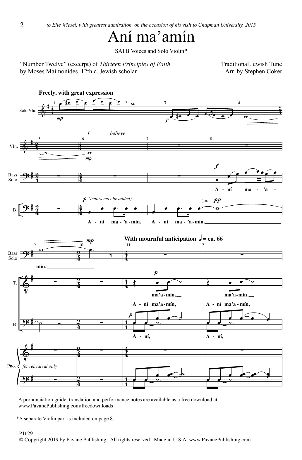 Traditional Jewish Tune Ani Ma'amin (arr. Stephen Coker) sheet music notes and chords arranged for SATB Choir
