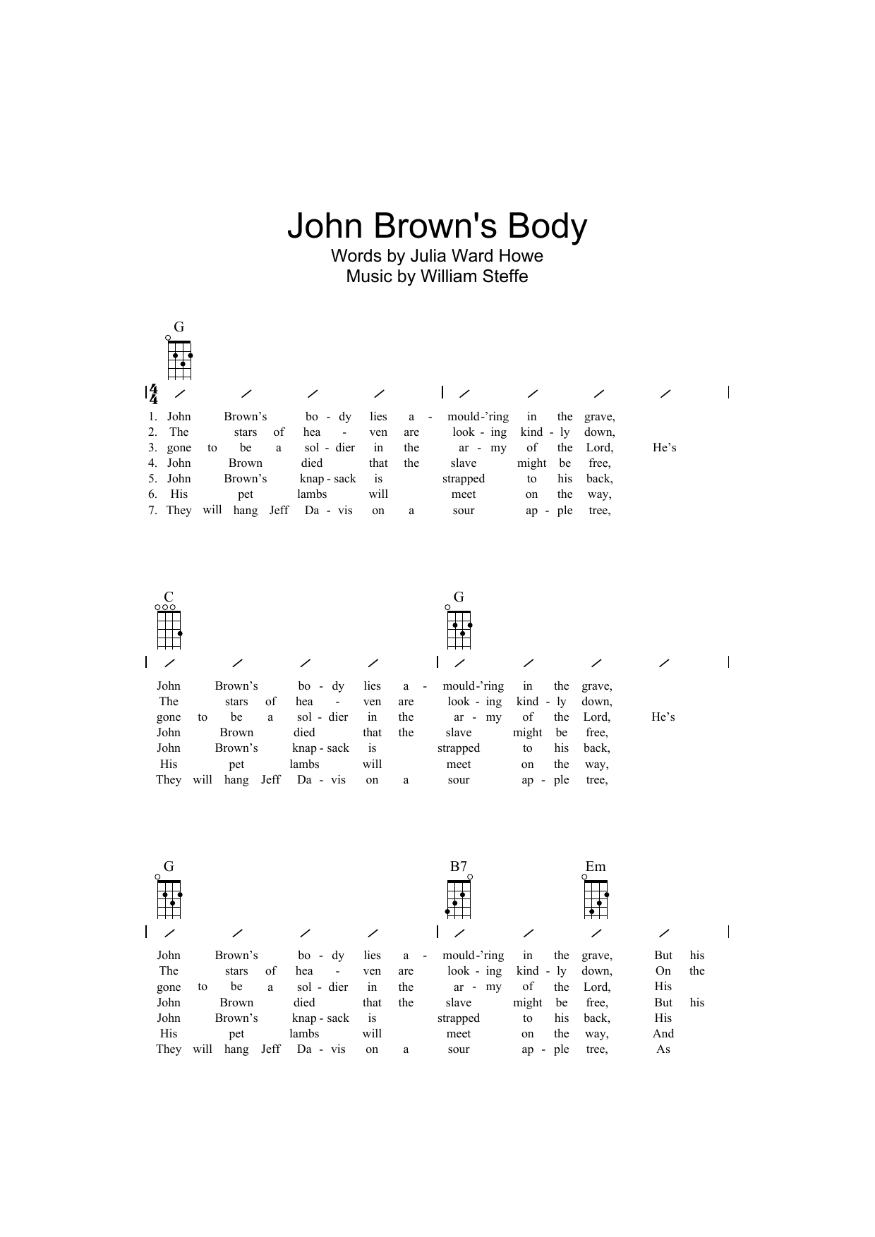 Traditional John Brown's Body sheet music notes and chords arranged for Ukulele Chords/Lyrics