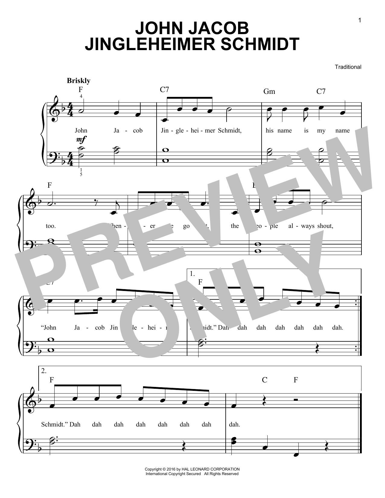 Traditional John Jacob Jingleheimer Schmidt sheet music notes and chords arranged for Super Easy Piano