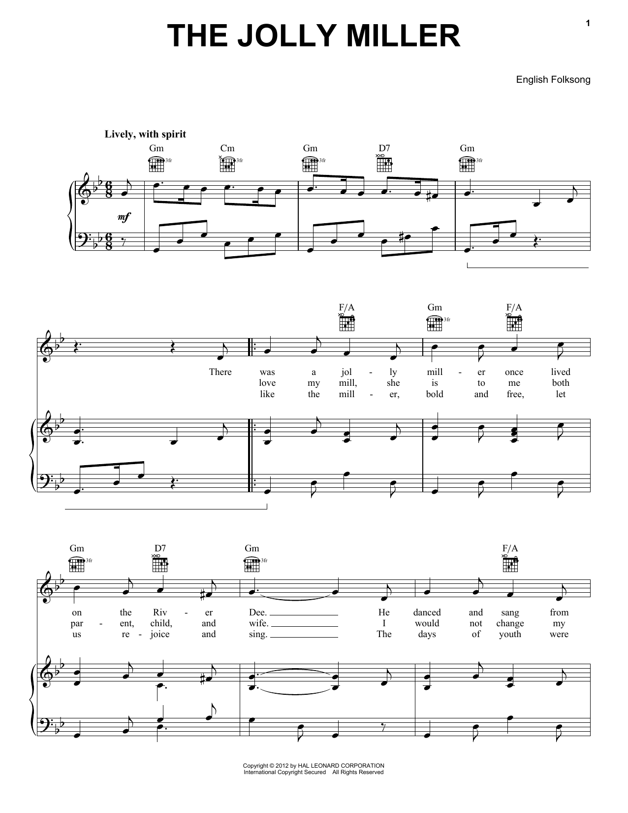 Traditional Jolly Miller sheet music notes and chords arranged for Piano, Vocal & Guitar Chords (Right-Hand Melody)