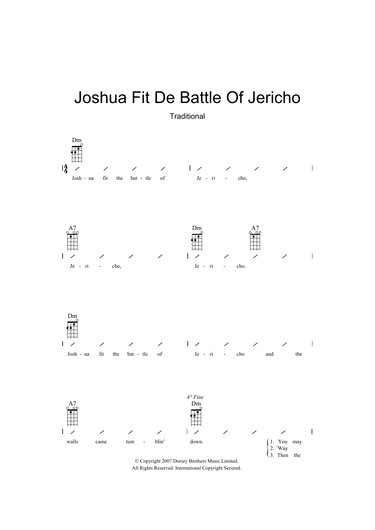 Traditional Joshua Fit De Battle Of Jericho sheet music notes and chords arranged for Ukulele Chords/Lyrics