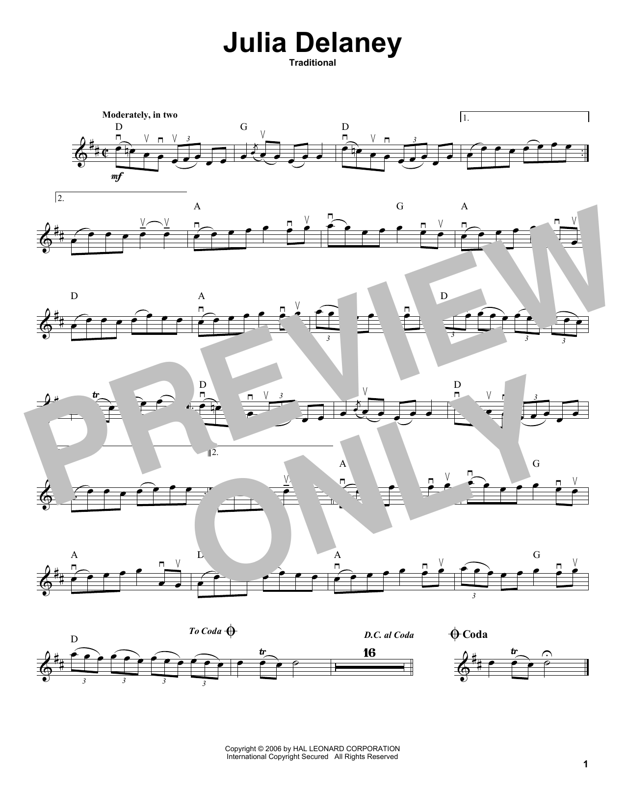 Traditional Julia Delaney sheet music notes and chords arranged for Violin Solo