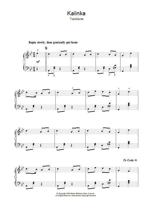 Traditional Kalinka sheet music notes and chords arranged for Piano, Vocal & Guitar Chords