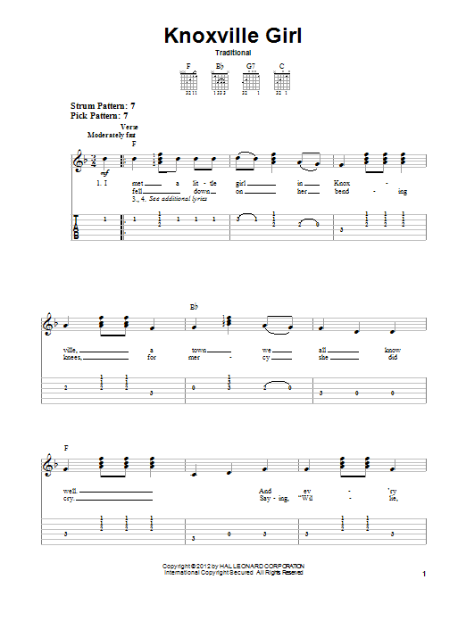 Traditional Knoxville Girl sheet music notes and chords arranged for Easy Guitar Tab