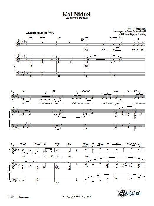 Traditional Kol Nidrei sheet music notes and chords arranged for Piano, Vocal & Guitar Chords (Right-Hand Melody)