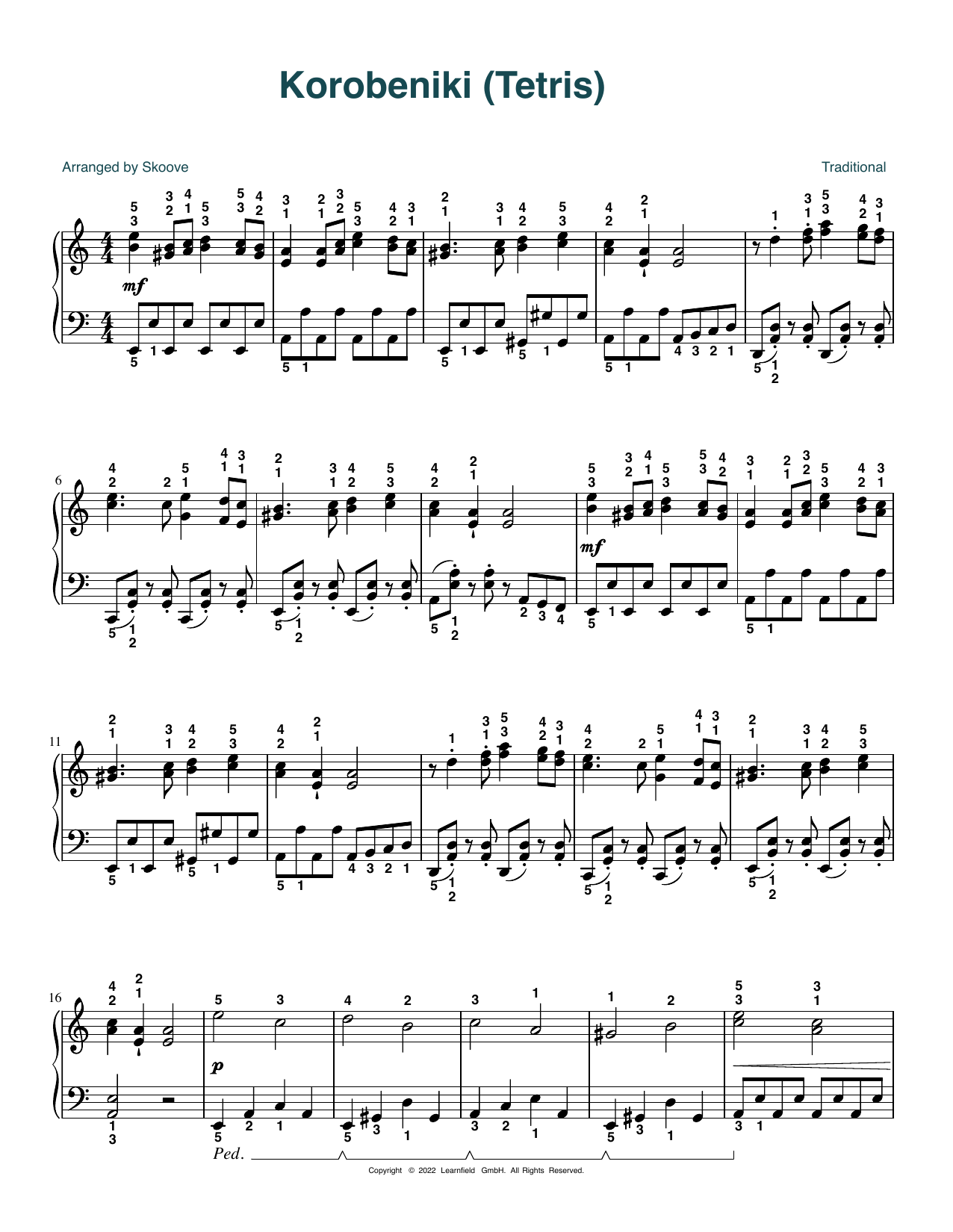 Traditional Korobeniki (Tetris) (arr. Skoove) sheet music notes and chords arranged for Piano Solo