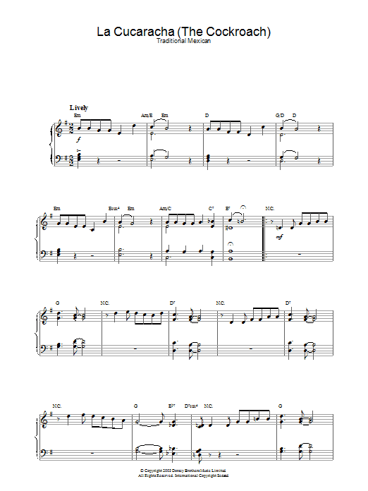 Traditional La Cucaracha (The Cockroach) sheet music notes and chords arranged for Piano, Vocal & Guitar Chords