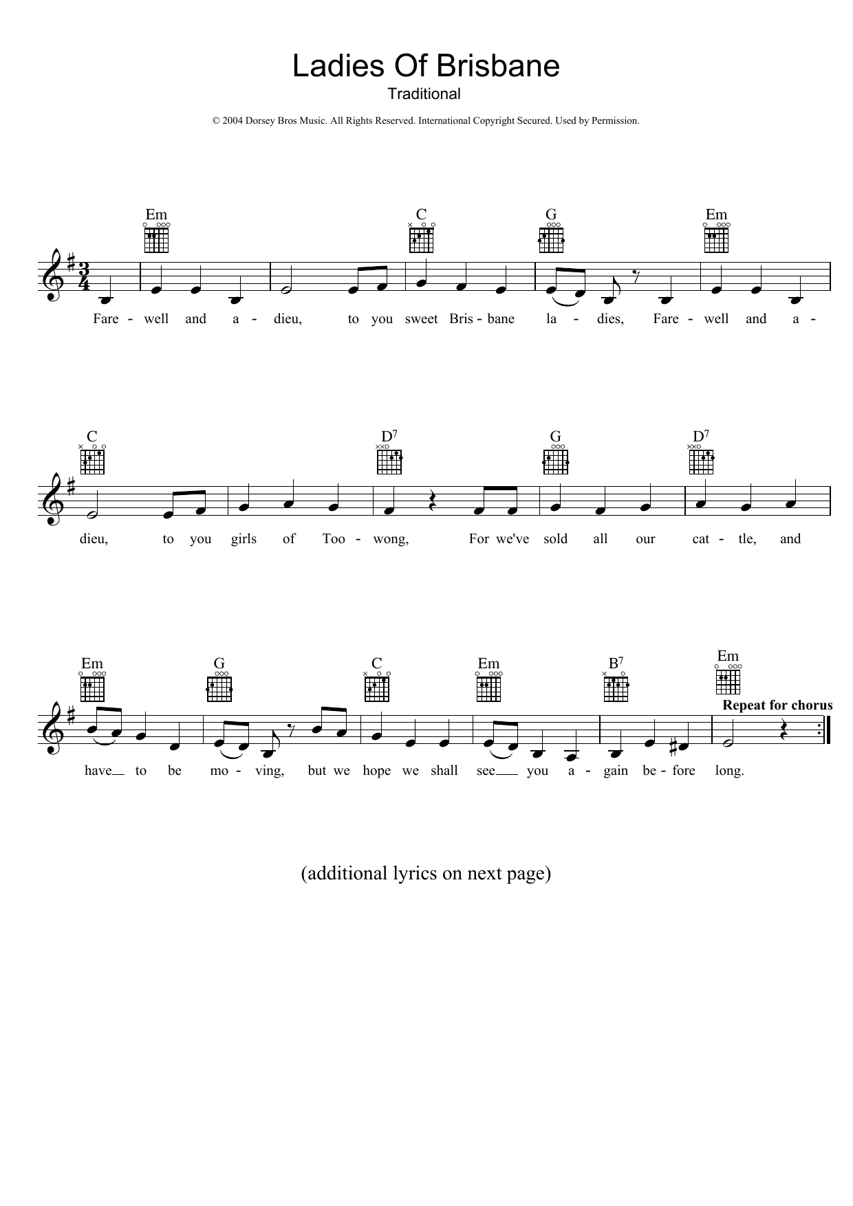 Traditional Ladies Of Brisbane sheet music notes and chords arranged for Lead Sheet / Fake Book