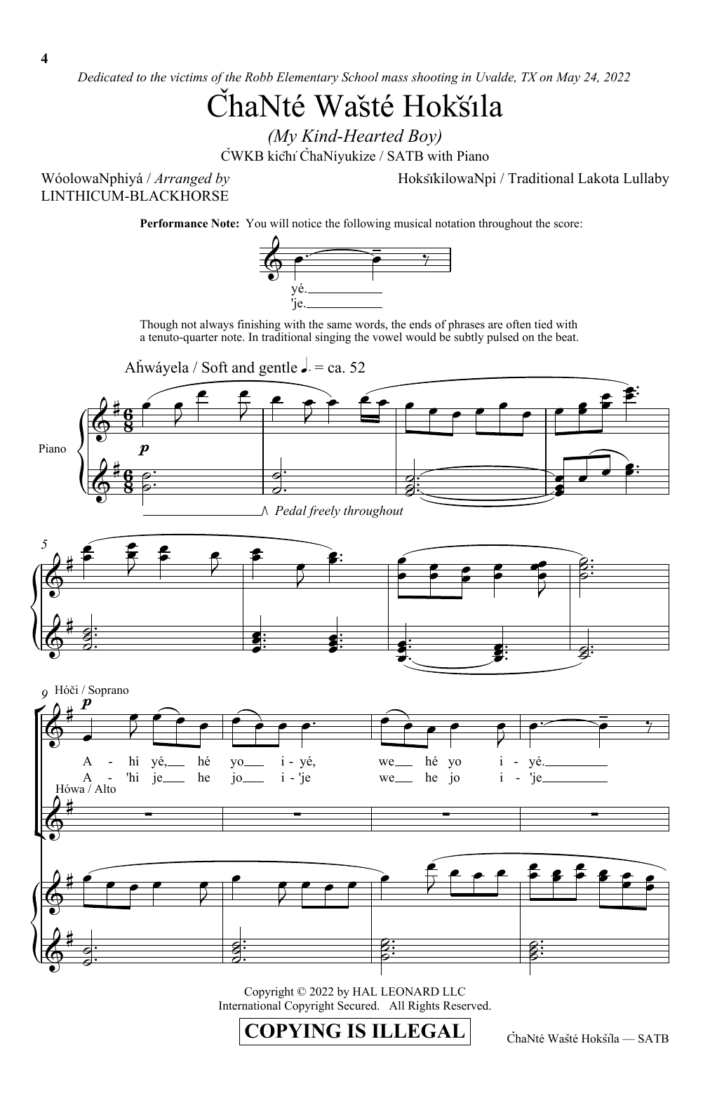 Traditional Lakota Lullaby Chante Waste Hoksila (My Kind-Hearted Boy) (arr. Linthicum-Blackhorse) sheet music notes and chords arranged for SATB Choir