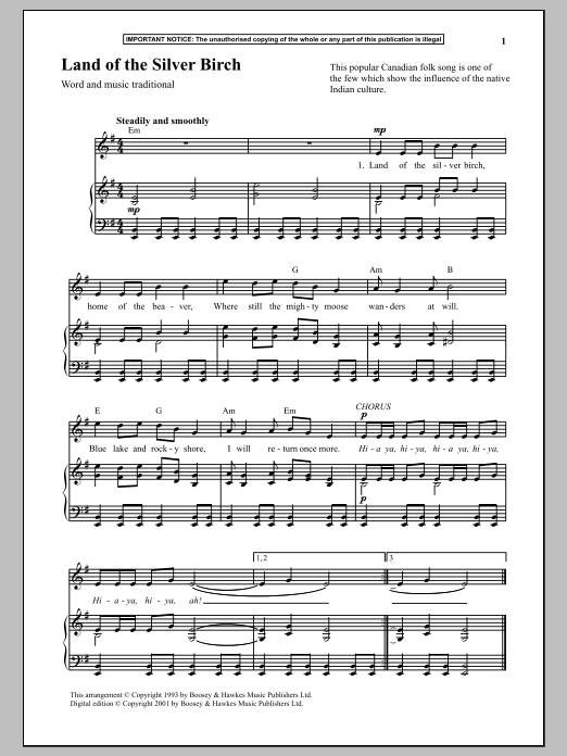 Traditional Land Of The Silver Birch sheet music notes and chords arranged for Piano & Vocal