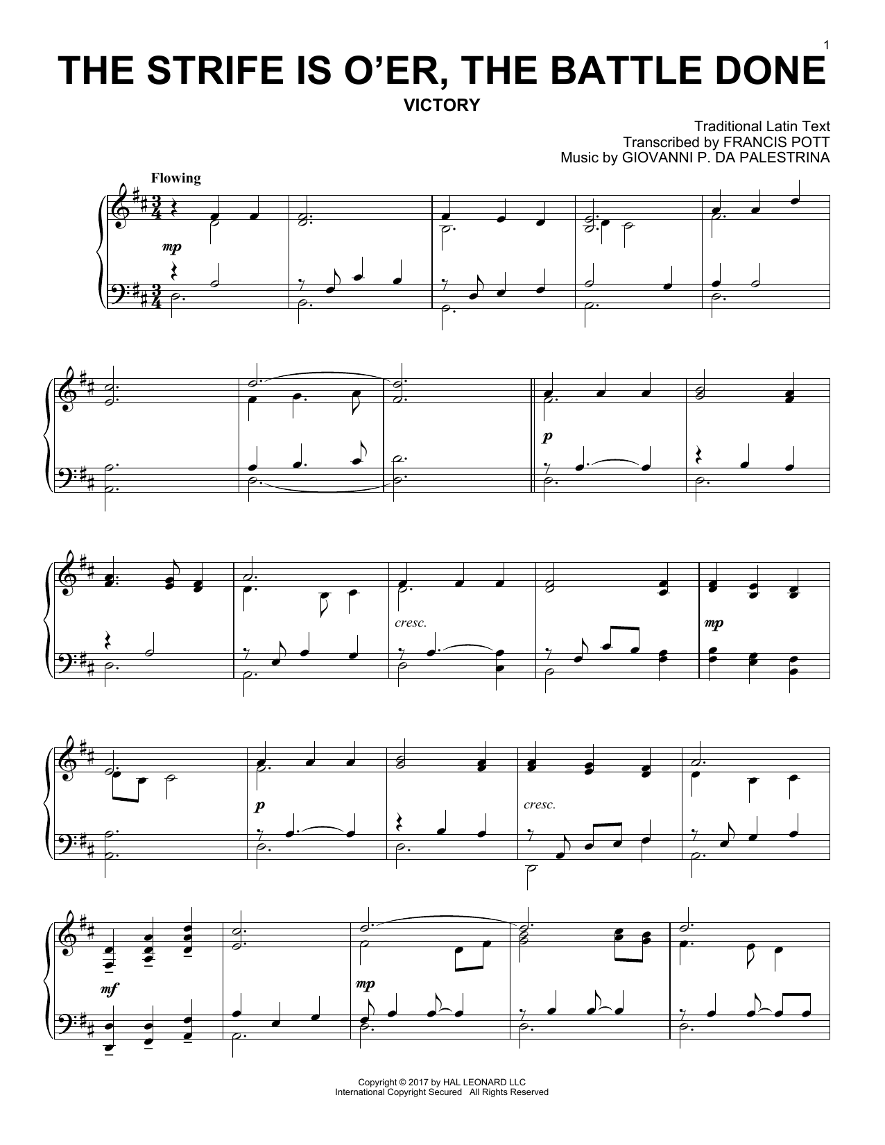 Traditional Latin Text The Strife Is O'er, The Battle Done sheet music notes and chords arranged for Piano Solo