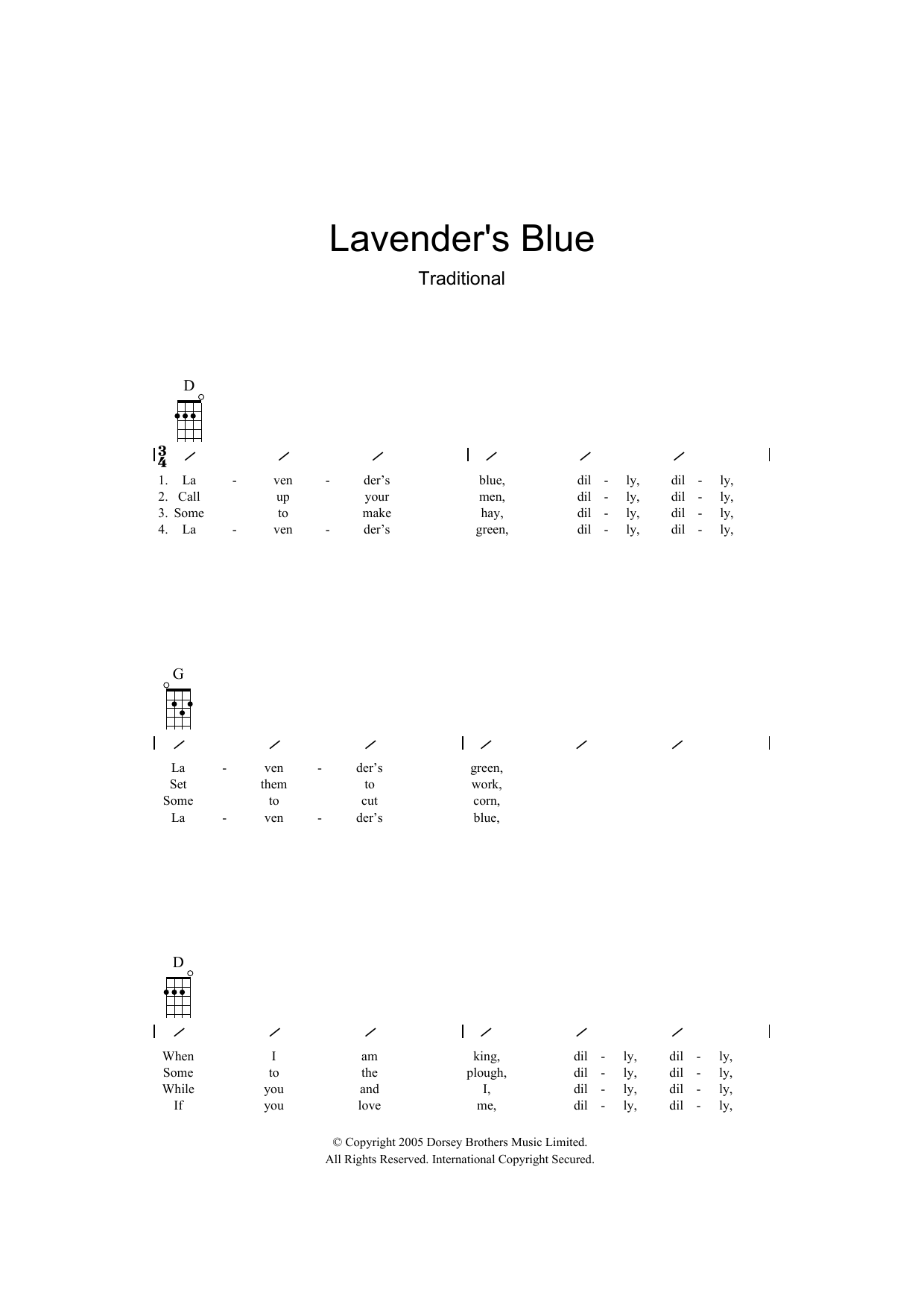 Traditional Lavender's Blue sheet music notes and chords arranged for Ukulele Chords/Lyrics