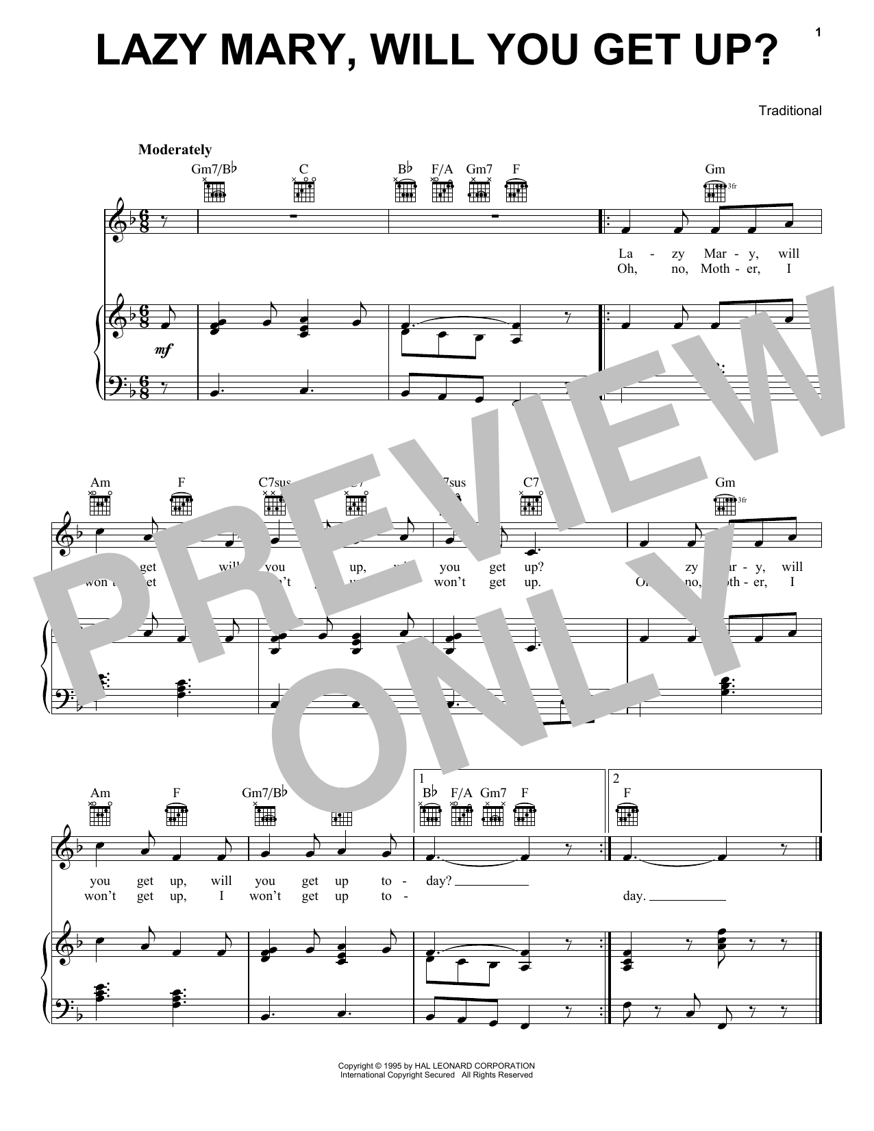 Traditional Lazy Mary, Will You Get Up? sheet music notes and chords arranged for Piano, Vocal & Guitar Chords (Right-Hand Melody)